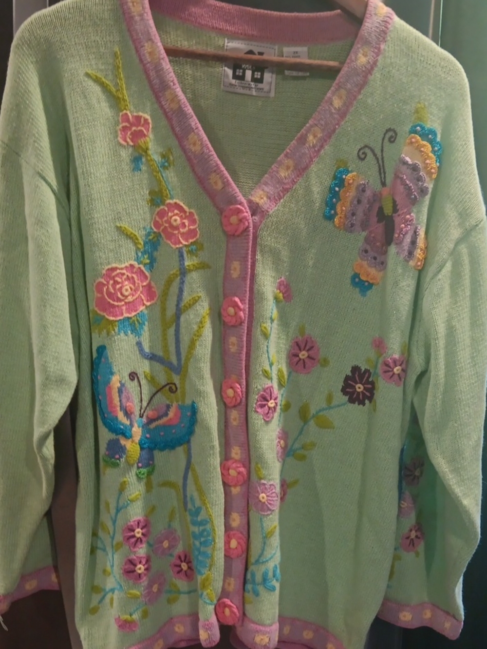 Storybook Knits Mint Green Embroidered Butterfly & Floral Cardigan